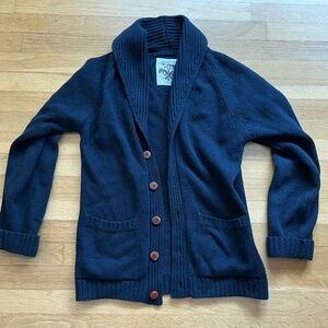 Barbour Lambswool Utility Cardigan Navy Blue Leather Buttons Shawl Collar Small